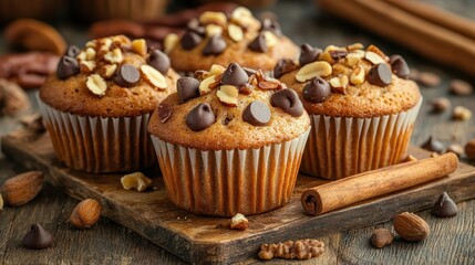 Delicious Chocolate Chip Hazelnut Cupcakes on Wooden Surface