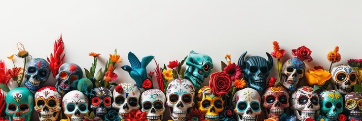 Fototapeta premium Colorful Sugar Skulls with Flowers for Dia de los Muertos.