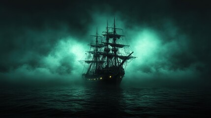 Fototapeta premium A pirate ship, wrapped in a thick green mist, sails ominously through dark waters, creating a haunting scene.
