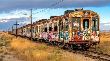 Obraz premium Abandoned Grafitti-Covered Train Car on Tracks