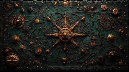 Antique nautical compass centerpiece surrounded by ornate golden gears, chains, and maritime symbols on a textured dark green background. © anantachai