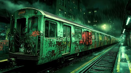 Obraz premium Graffiti-Covered Train Car Parked on Rainy Night Tracks