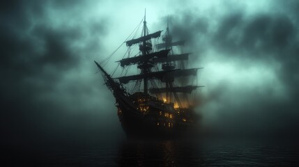 A ghostly pirate ship sails through dense fog, illuminated by eerie glowing lights, creating a haunting and mysterious atmosphere.