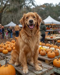 dog with pumpkins on blurred autumn food market background , fall and harvest aesthetic. Halloween and thanksgiving holiday