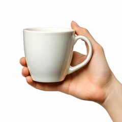 A hand holding a white ceramic coffee mug