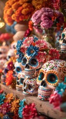 Day of the Dead Sugar Skulls with Flowers.