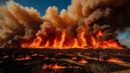 Orange glow wildfire. Flames casting warm light across landscape, thick smoke rising into sky, fire spreading rapidly. Realistic style.