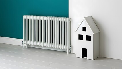 Modern Interior with Quirky House-Shaped Radiator on Vibrant Teal Wall