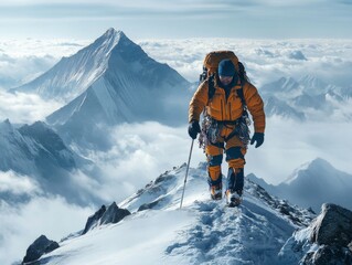 Climber overcomes challenging climbing route. man climbs a rock. Man engaged in extreme sport.