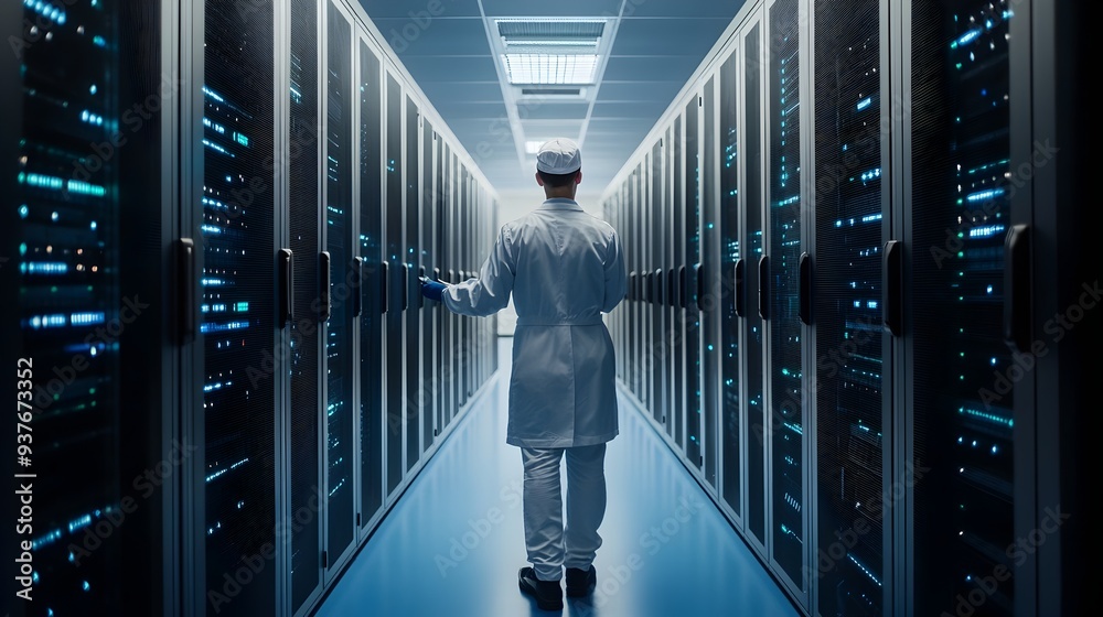 Poster technician performs checkup on servers enabling large scale computations in modern data center