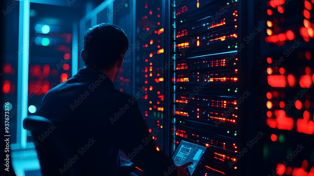 Poster technician checking ai optimized servers in a high tech data center