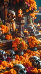 Day of the Dead Altar with Skulls and Marigolds.