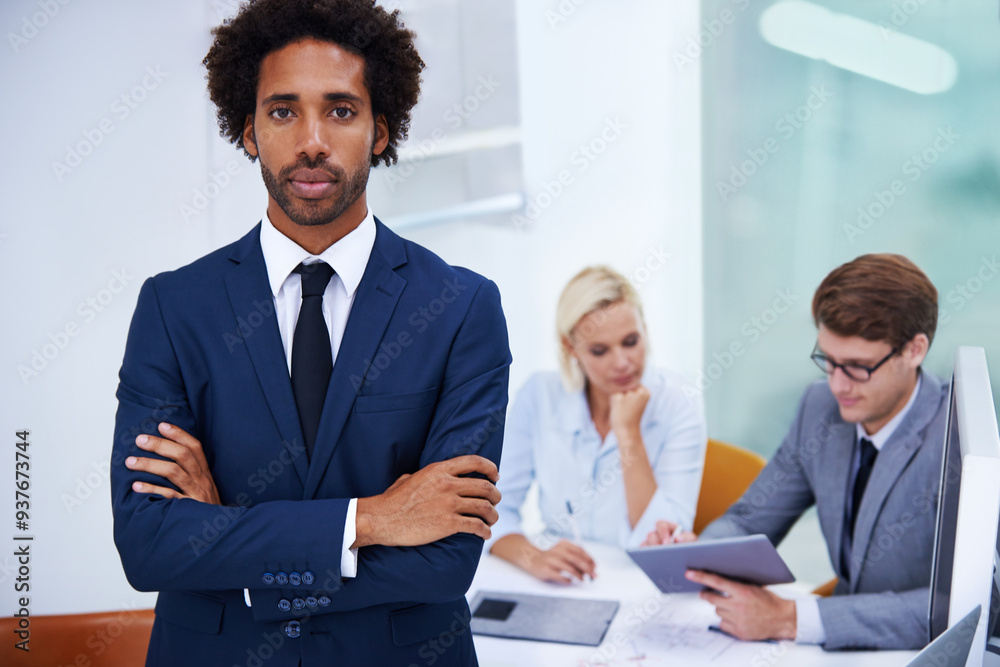 Wall mural Man, arms crossed portrait and accountant in office, serious broker and leader of team planning. Finance, project and tech for stock market trading in workplace, coworking and manager for accounting