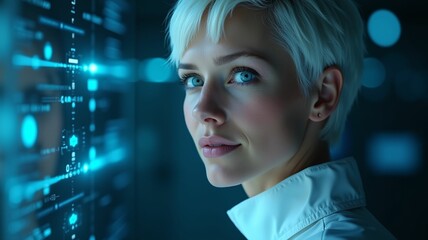 Obraz premium Cybersecurity threat illustration using artificial intelligence, European woman, white short hair, looking at camera, IT specialist, augmented reality, artificial intelligence, collage, straight profi