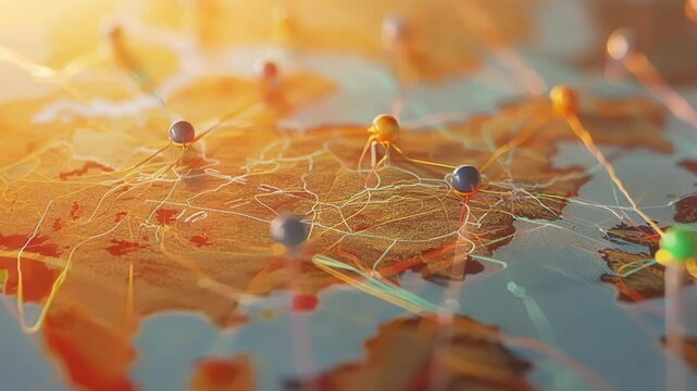 World map is shown with pins and string connecting the locations, creating a visual representation of global business and the flow of information