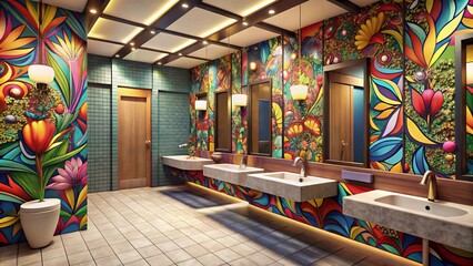 Fototapeta premium whimsical playful vibe colorful unisex restroom interior eclectic fixtures patterned walls bold artwork quirky ambiance fun modernity