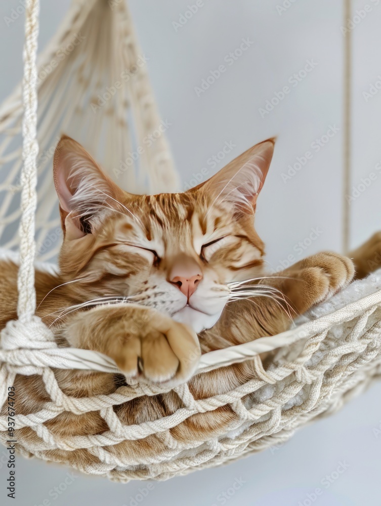 Sticker A ginger cat sleeping in a hanging hammock.