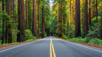 Fototapeta premium Straight Road Through Majestic Redwood Forest