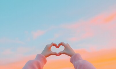 hands making a heart sign facing the sky at sunset, Generative AI