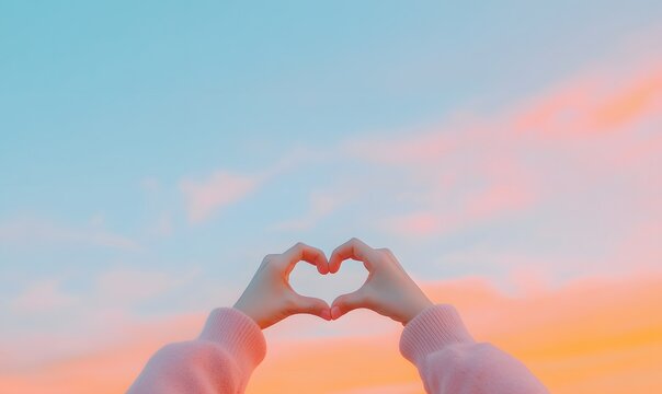 hands making a heart sign facing the sky at sunset, Generative AI