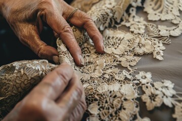 Close up of a woman's hand adjusting delicate lace fabric.