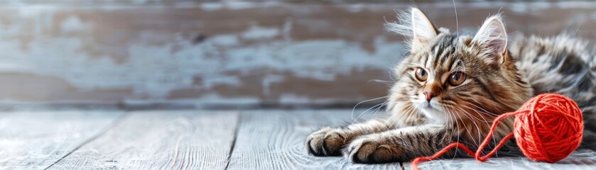 A fluffy brown tabby cat laying on a wooden floor, with a red ball of yarn.