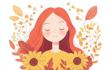 The girl's head is covered with autumn flowers and leaves, a simple flat vector illustration of a cartoon character. sunflowers in her hands, surrounded by a colorful autumn floral bouquet. fall theme