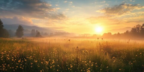 Beautiful photo landscape at sunrise or sutting with rising or setting sun over the morning or evening valley or floral meadow in summer