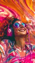 Joyful dark skinned woman exuding vibrant energy and ecstasy amidst colorful abstract backdrop