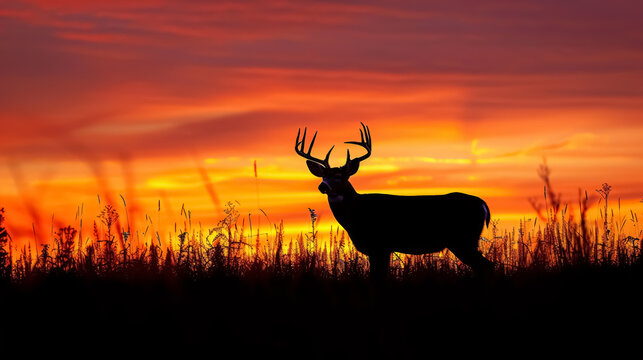 Whitetail Buck Silhouette at Sunset: Silhouette of a Whitetail Buck at sunset during the fall 