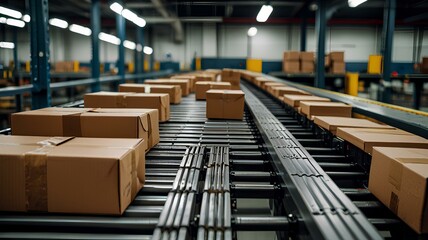 Obraz premium cardboard box packages moving along a conveyor belt.