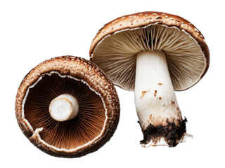 Dwa grzyby o charakterystycznym wyglądzie. Mają one ciemnobrązowe kapelusze z gładką, lekko błyszczącą powierzchnią i jaśniejszym. Grzyby mają grube, solidne trzonki w odcieniach bieli i jasnego brąz