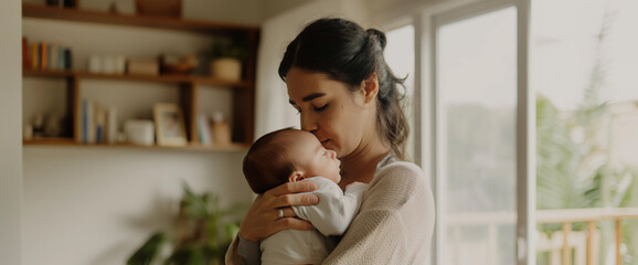 Woman holding infant baby at home