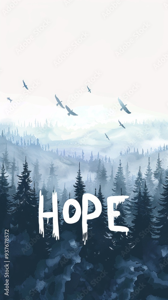 Poster in a tranquil forest, tall trees rise majestically, while birds gliding overhead symbolize freedom a