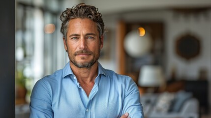 Fototapeta premium A confident man in a blue shirt poses indoors, showcasing his relaxed demeanor and charisma in a stylish modern setting. Generative AI