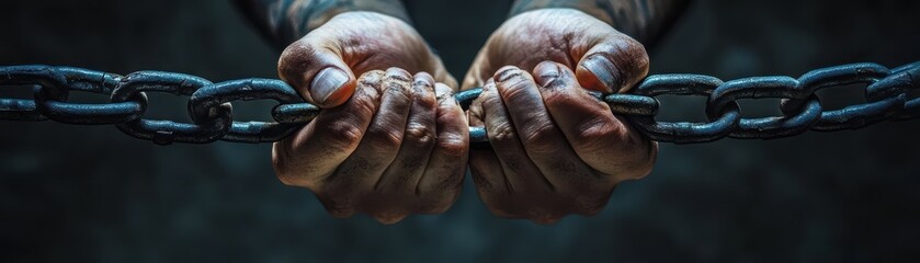 Fototapeta premium Hands Bound by Heavy Chains Depicting Captivity and Oppression