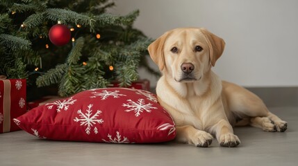 A calm and friendly dog rests beside festive pillow near decorated Christmas tree, evoking warm holiday spirit. 