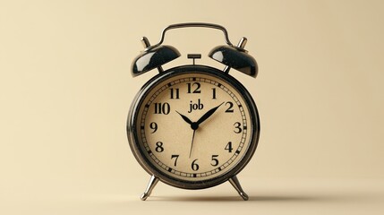 Vintage alarm clock with the word 'job' replacing number twelve on its face, representing career urgency and time management.