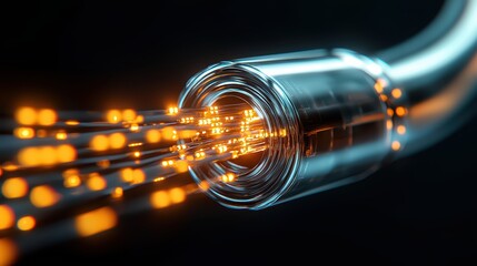 A close up view of transparent tube emitting bright orange light, symbolizing energy flow and innovation. image conveys sense of dynamic movement and technological advancement. 