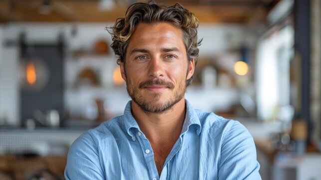 A confident young man smiles warmly in a stylish café, exuding charisma during a sunny afternoon. Generative AI