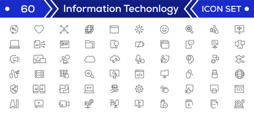 Information Technology Minimal line icons Bundle. Programming, Network, Website, Process, Internet, Data, Technology icon for apps and website