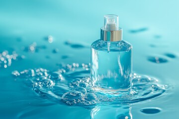 Transparent bottle with blue liquid floating on water rippling reflections in a close-up view/
