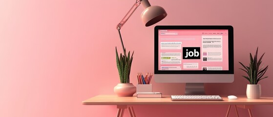 3D design of a computer screen displaying "job" search websites, beige isolated background, studio lighting