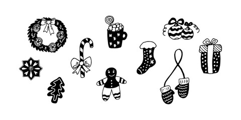 Christmas set of black and white design elements: cocoa mug, christmas wreath, mittens, gift, candy cane, gift sock, cookies, christmas tree balls. Vector new year illustration, icons