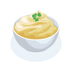 Mashed potatoes in a bowl vector illustration. Mashed potatoes side dish meal icon vector isolated on a white background. Bowl of mashed potatoes with parsley drawing