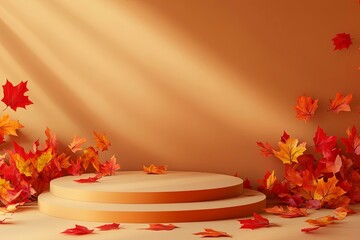 Podium with red autumn leaves on orange background with shadows. Showcase for product presentation, autumn background. Geneative ai
