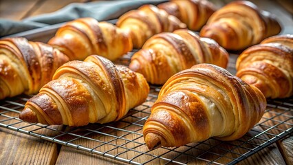 Freshly baked croissants on a cooling rack with golden crust
