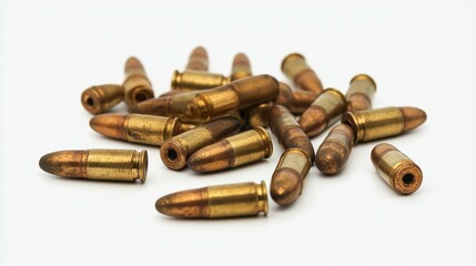 Collection of Bullet Shells Scattered on a White Surface, Symbolizing Warfare, History, and Ammunition