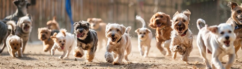 A pack of happy dogs running through a field with their tongues out.