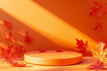Podium with red autumn leaves on orange background with shadows. Showcase for product presentation, autumn background. Geneative ai